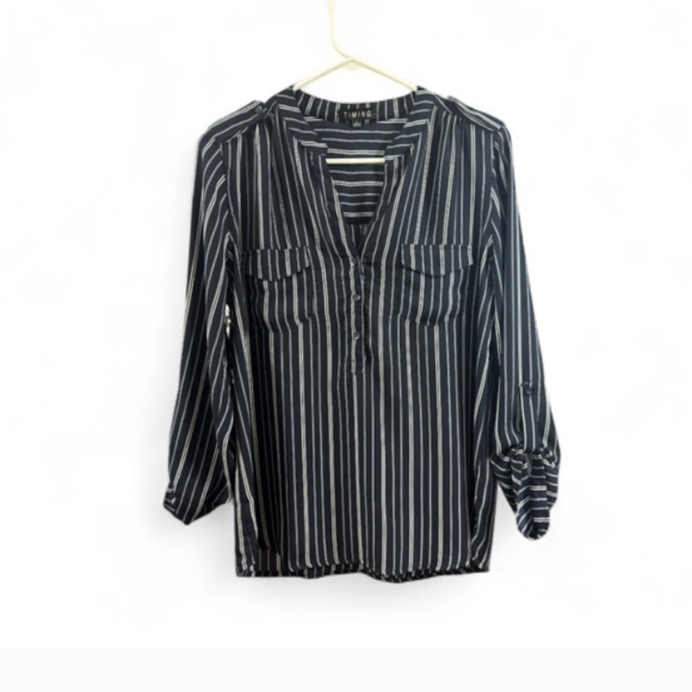 T.I.M.IN.G Monochrome Striped Top navy & White Striped Blouse Size Large
